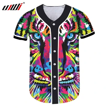 UJWI Streetwear 3D Tricou Barbati Hipster Baseball Jersey Butonul Maneci Scurte T-shirt de Imprimare mozaic Colorat tigru Adolescenti Băiat Casual