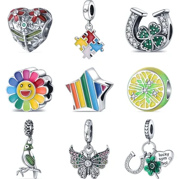 Argint 925 Verde Trifoi Cu Patru Foi Colorate De Puzzle De Floarea-Soarelui Fluture Margele Se Potrivesc Original Pandora Brățară Bijuterii