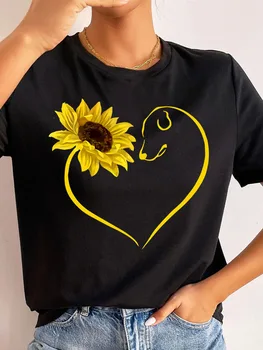 Femei T Shirt de Floarea-Inima de Imprimare T Tricoul de Moda pentru Femei Tricou Negru Femei Maneci Scurte Drăguț Grafic Tee Topuri Casual T-shirt