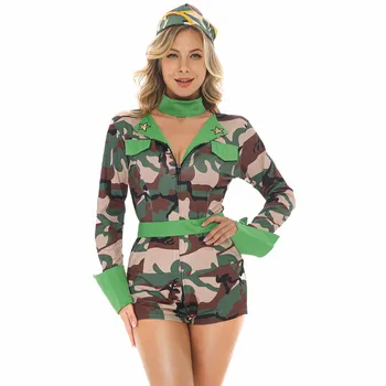 Femei Soldat Din Armata Camuflaj Costume Sexy Body Cu Fermoar Militare Polițiste Cosplay Carnaval De Halloween Fancy Rochie De Petrecere