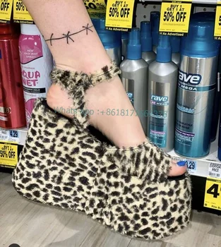 Sandale Leopard Platforma Toc Înalt Sandale Femei De Moda Blană Peep Toe Catarama Pene Sandale 2022 Drăguț Rochie De Pantofi De Damă