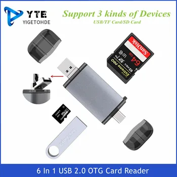 YIGETOHDE 6 In 1 USB 2.0 OTG Cititor de Carduri de TIP C/MicroUSB/USB2.0/TF/SD Card de Memorie, Cititoare de Carduri Pentru Calculator Laptop Telefon Android