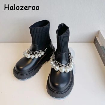 Moda Pentru Copii Cizme Pentru Copii Fete Lanț De Glezna Pantofi Copii Cu Marca Șosete Cizme Perla Cizme Negre Aluneca Pe Printesa Cizme Pentru Toamna