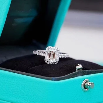 2 Carate D Culoare Moissanite Inel cu Diamant pentru Femeie S925 Argint Smarald Tăiat verighete Bijuterii Fine