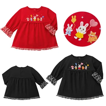 Fete T-shirt pentru Copii Îmbrăcăminte de Primăvară și de Toamnă Noul Negru Iepure Roșu Brodate Opt puncte Maneci, partea de Sus din Bumbac Dulce