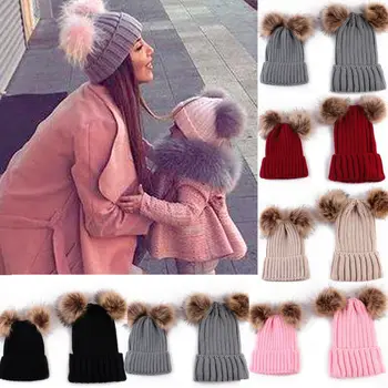 Iarna Cald Moale Beanie Hat Hairball Capac Mama de copii pentru Copii, Fiul, Fiica Familiei Croșetat Minge de Blana Capac (Pachetul Include 1 pălărie )