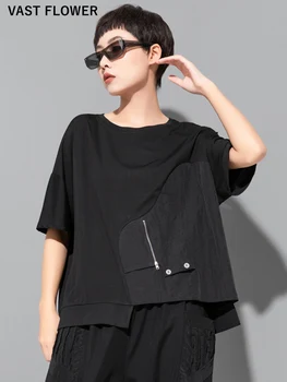 Neregulate Mozaic cu Fermoar Negru de Epocă T-shirt Femei Nou Maneci Scurte Largi Casual de Vara Tricou de Moda de Top de Îmbrăcăminte 2022