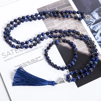 8mm Natural Lapis Lazuli Ochi de Tigru Piatra Margele Înnodate Colier Meditație Yoga Bijuterii 108 Japamala Rozariul Pomul Vieții Amuleta