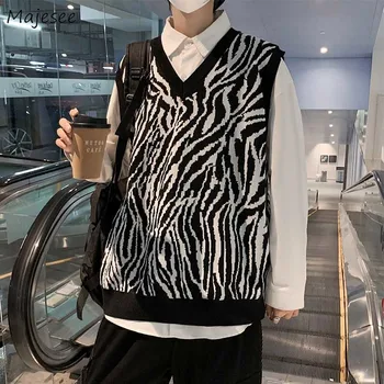 Toamna Leopard Vestă Bărbați Harajuku Epocă Cuplu fără Mâneci Jumper Liber Tendință Student All-meci V-gât Tricotate Vesta