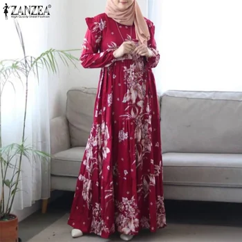 ZANZEA Femeile Musulmane Imprimate Dress 2022 Primavara Toamna Volane Maxi Lung Vestido Casual Elegant Turcia Abaya Rochie Caftan de Îmbrăcăminte