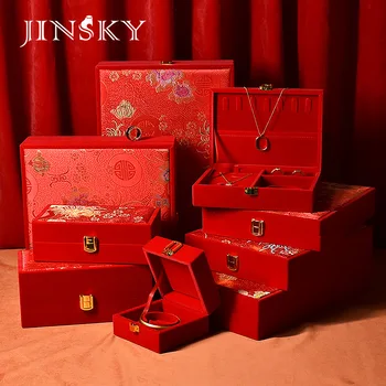 Aur caseta de bijuterii, din catifea roșie dragon și phoenix bratara, patru piese de costum cutie, zestrea de nuntă cutie de cadou, trei cutii de aur