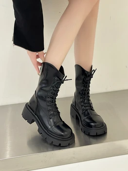 2022 Toamna Dantelă-Up Cu Platforma Ghete Femei Culoare Pură Plat Pantofi De Epocă Coreeană Stil Casual Slim Cizme De Sex Feminin Design Chic