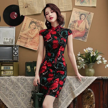 Roșu negru Privighetoarea Cheongsam Chineză Rochie Stretch Și Lenjerie de Bumbac Plus Dimensiune Chipao 4XL 5XL Sexy Tradiționale de Epocă Qipao
