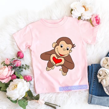 2022 Kawaii curiosul George Desene animate T-shirt Graphic Print Maimuță Tricou de Vara Tricouri Tricouri Fete Roz cu Mâneci Scurte Topuri