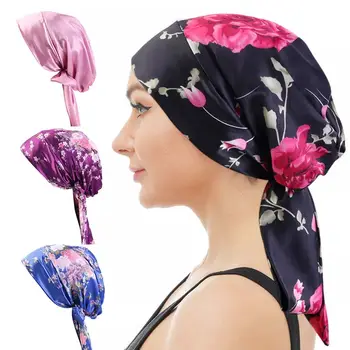 Femei Musulmane Hijab Cancer Chimioterapie Sliky Floare De Imprimare Pălărie Cap Turban Acoperi Pierderea Parului Cap De Folie Pre-Legat Articole Pentru Acoperirea Capului Strech Bandană