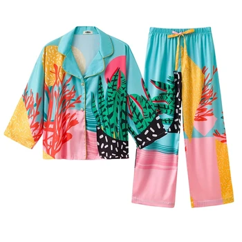 Femei Pijama Set Pereche 2 Buc Costum cu Pantaloni de Vară de Primăvară Doamnelor Imprimare Pijamale cu Maneca Lunga Homewear pentru Femei 2022 Noi