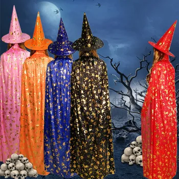 Costume De Halloween Vrajitor Vrajitoare Mantie Cape Halat De Cap Cu Pălărie Ascuțită Fete Baieti Cosplay Dress Haine Pentru Petrecere De Aniversare Pentru Copii