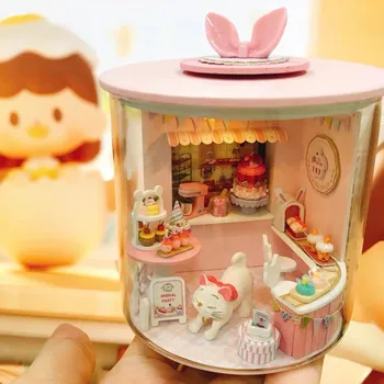 DIY Casa din Lemn, Casa Papusa in Miniatura Blocuri Kit de Magie casă de Păpuși Cu Mobilier Sakura Villa Jucării Pentru Fata Ziua de nastere Cadou