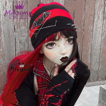 Harajuku Punk Bat Nit Lant Negru Cu Dungi Rosii Casual, Căciuli, Pălării Pentru Femei Fete Iarna Cald Tricotate Hip Hop Capac Streetwear