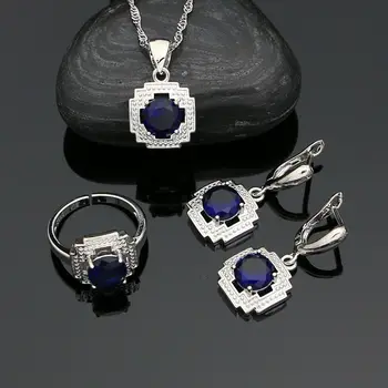 Argint 925 Sapphire Set Bijuterii Cercei Inel Pandantiv Lanț pentru Femei Cadou de Aniversare de Nunta Accesorii
