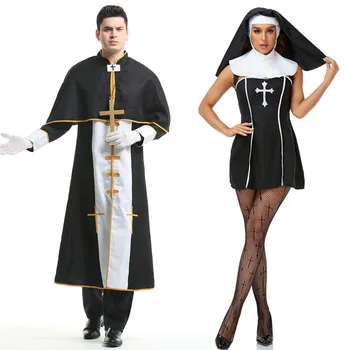 Cuplu Costum de Halloween pentru Femei Barbati Medieval Cosplay Preot Călugăriță Misionară Costum Biserica Religioase Mănăstire de Lux Rochie de Petrecere