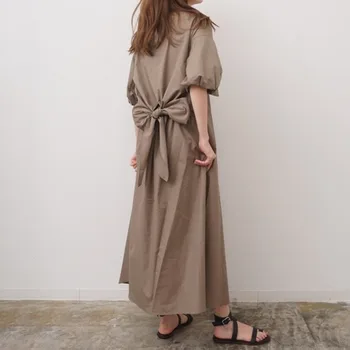 Femei rochie Lungă 2021 Culoare Solidă Arc Pe Spate Liber O-linie Scurt Mânecă Japoneză Moda Retro Personalitate Kaki Primăvară