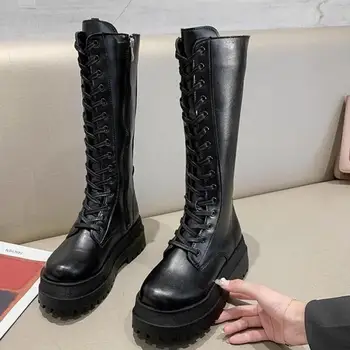 NOUL HOT Femei Cizme de Luptă Antumn de sex Feminin Platformă Înaltă Gotic Pantofi Cizme Negre din Piele Dantela-up pentru Femei Cizme Genunchi Ridicat