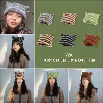 Y2K Trend Toamna Iarna Unisex Harajuku Punk Gotice Tricot Pisică Ureche Mic Diavol Kawaii Pălării Moale Tricot Pălărie de Styling, Accesorii